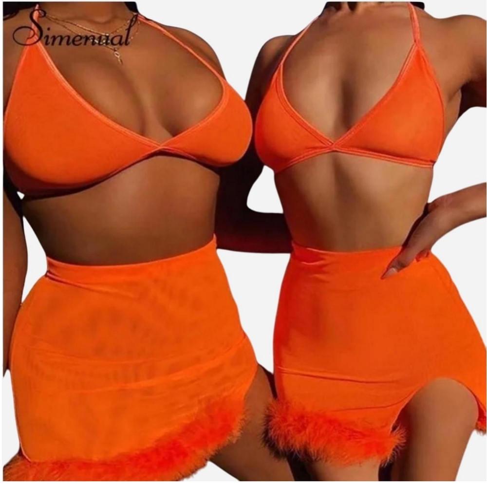 Orange Fuzzy Mesh Skirt Set